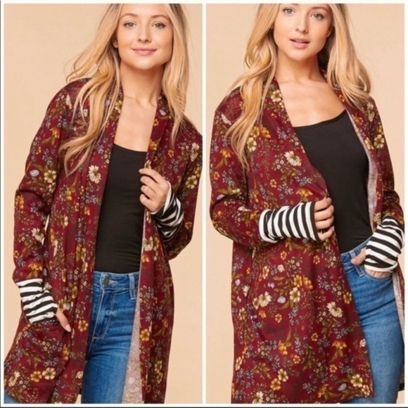 Burgundy Floral Stripe Knit Sweater Cardigan - Picture 3 of 3